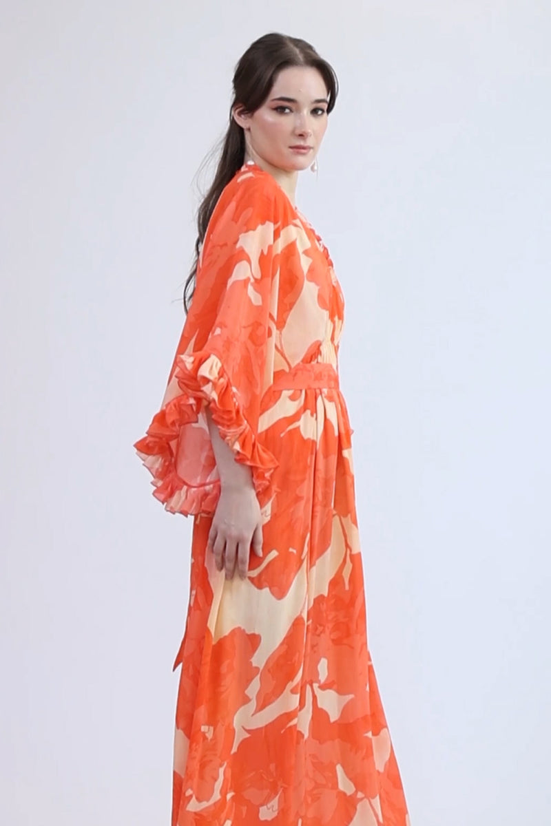 Blazing Saffron Kimono Sleeves Long Dress With Belt