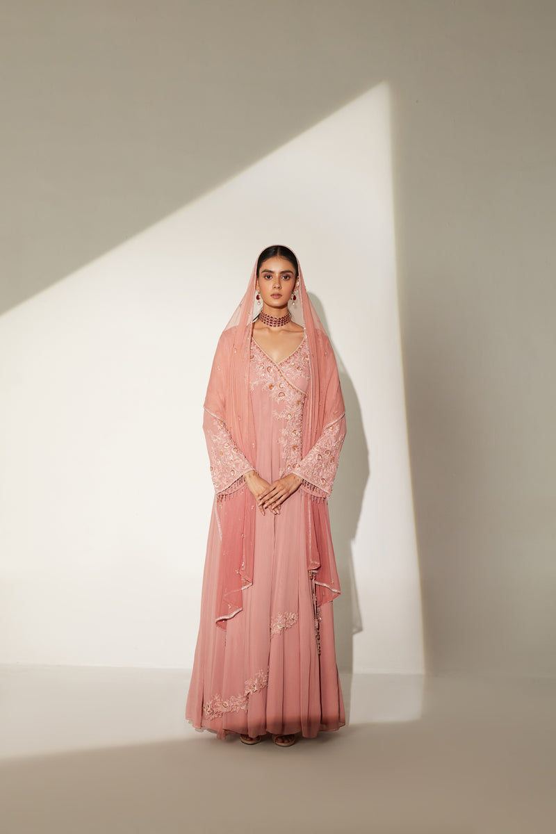 Angrakha embellished anarkali paired with ombre dupatta