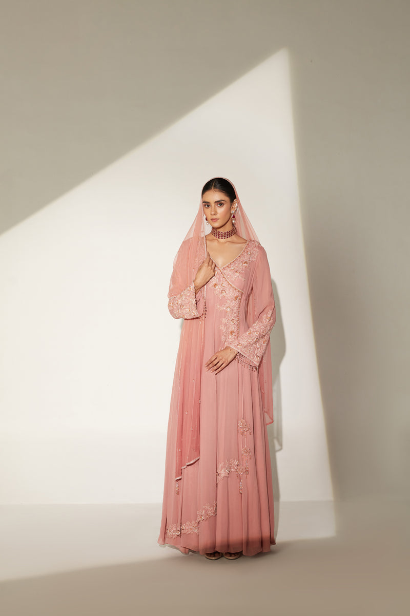 Angrakha embellished anarkali paired with ombre dupatta