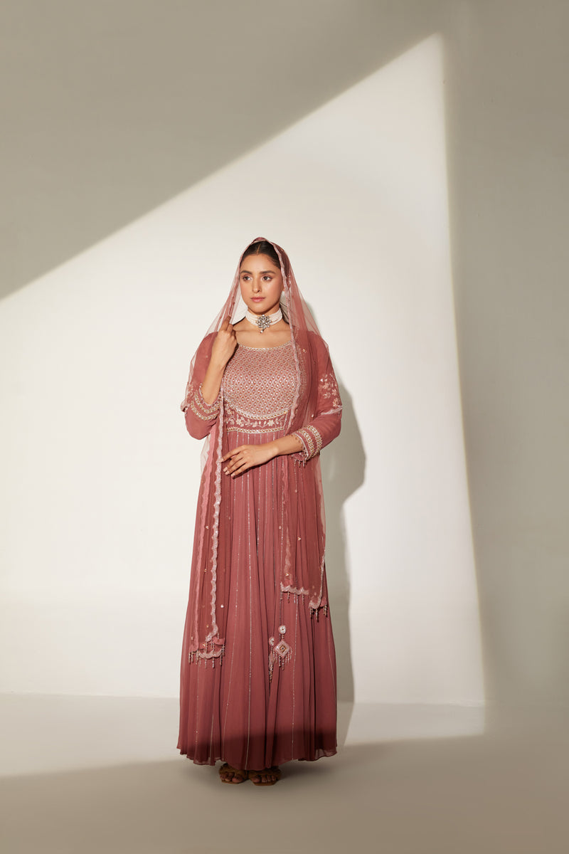 Round embellished bodice anarkali paired with scallop  dupatta