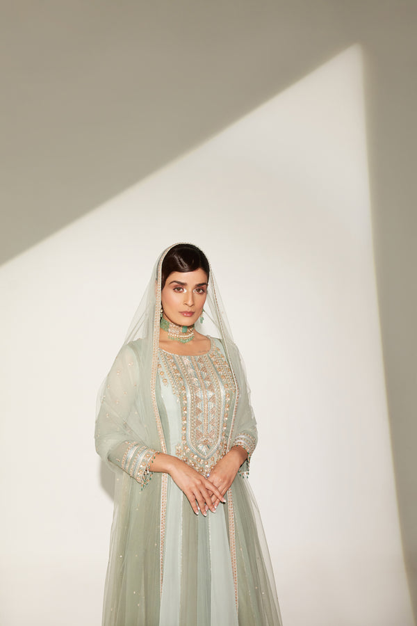 Long neckline monochrome shade anarkali  paired with ombre dupatta