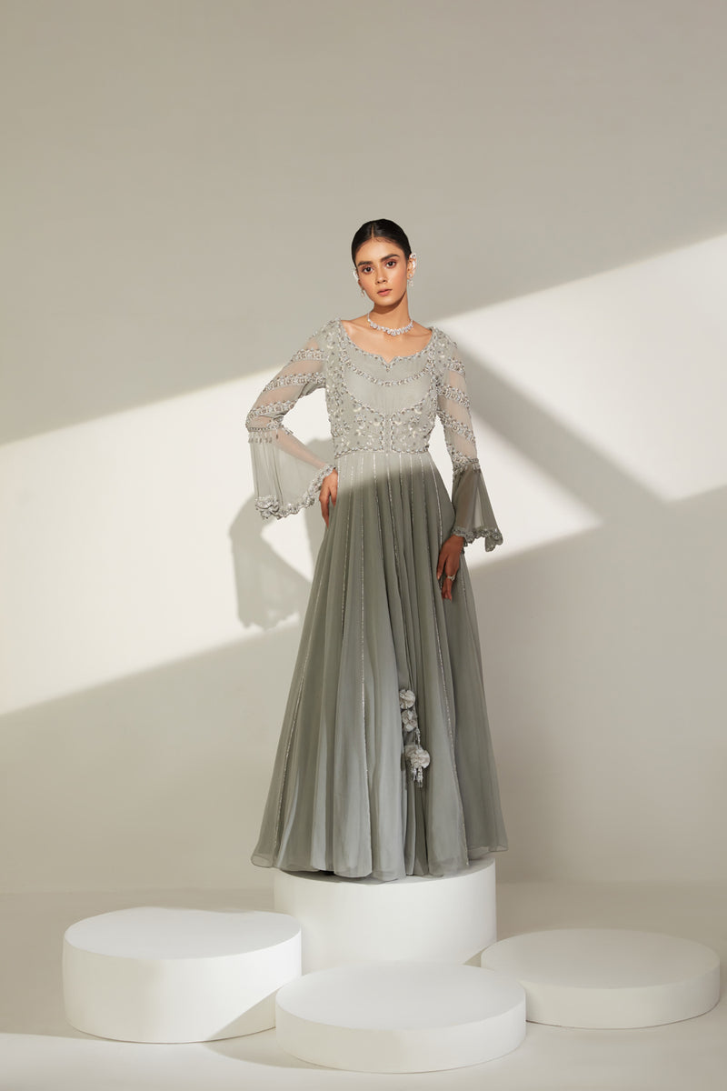 Three layers neckline anarkali with embellished flared sleeves and  net dupatta