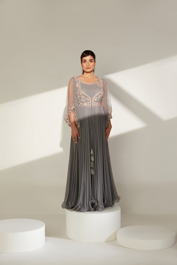 Intricate double neckline gown with embellished cape sleeves