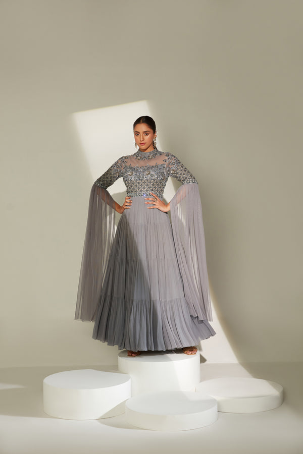 Collar band gown with long cape sleeves