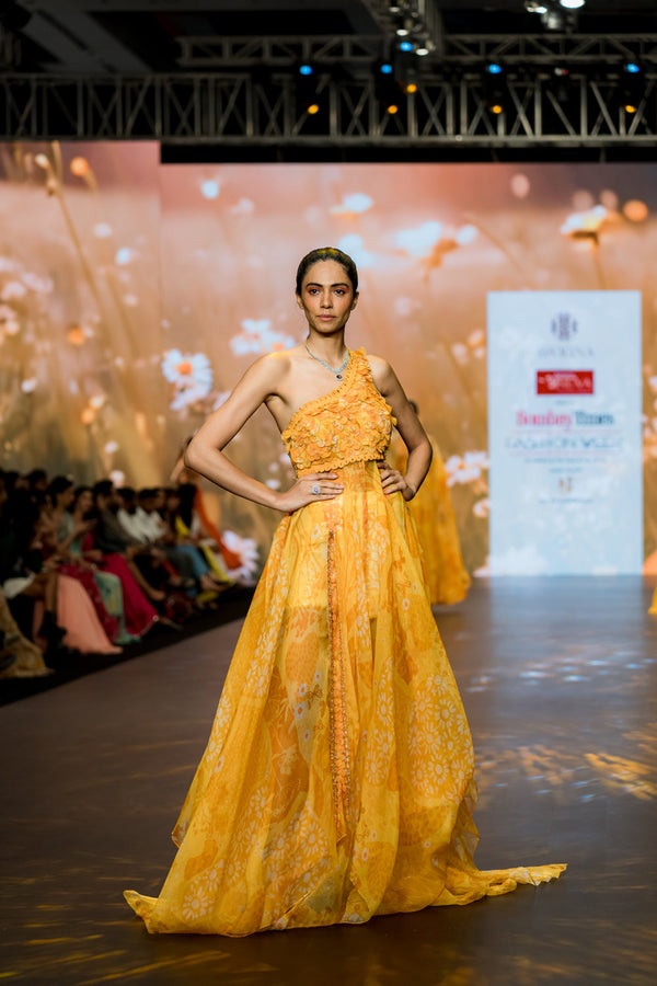 Yellow One Shoulder Gown Set