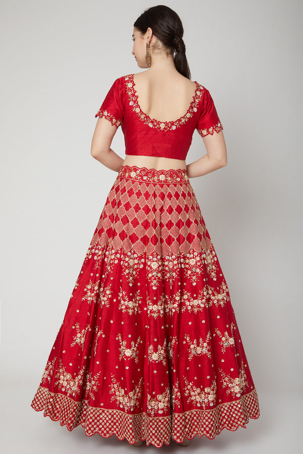 Red Embroidered Lehenga Set