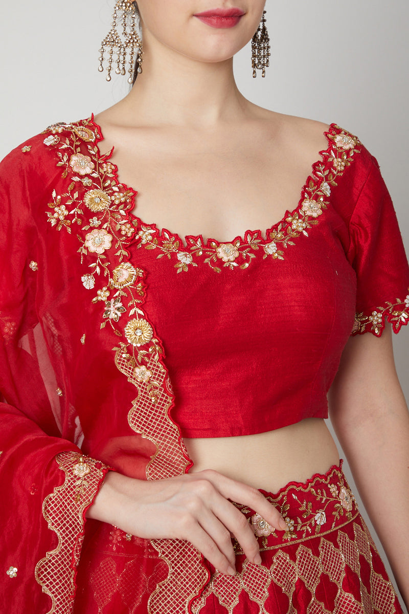 Red Embroidered Lehenga Set