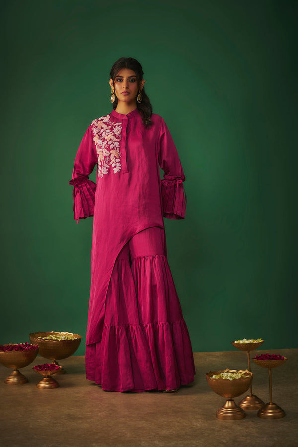 Magenta Pink Embroidered Asymmetrical Kurta And Sharara Set