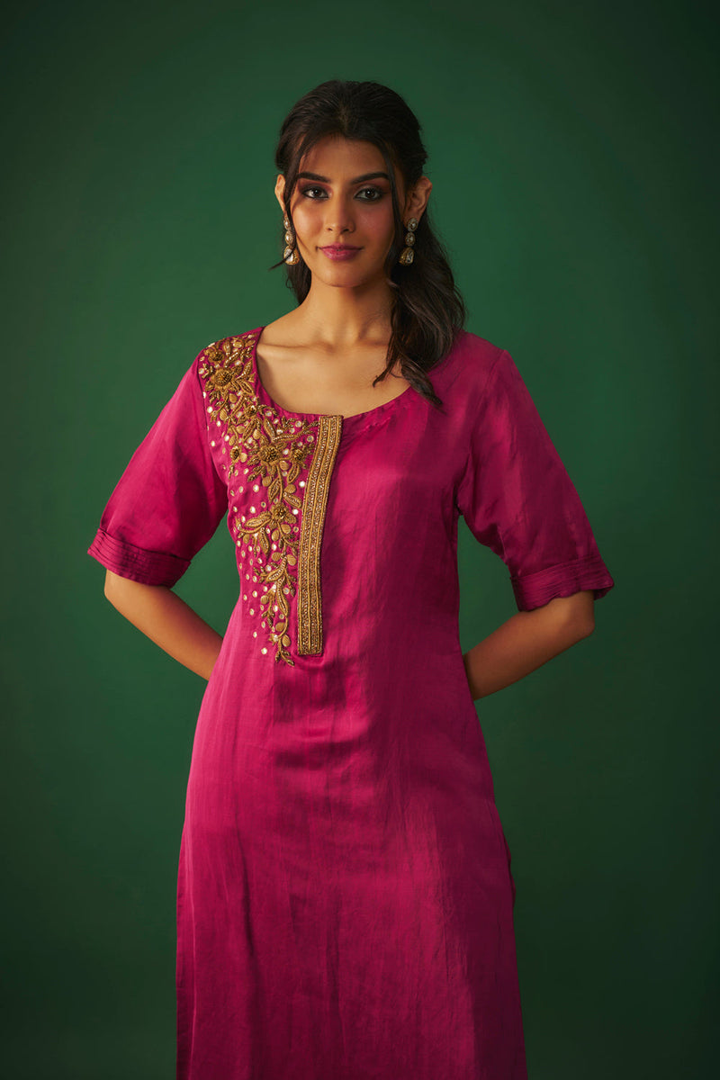 Magenta Pink Embroidered Kurta And Pants Set