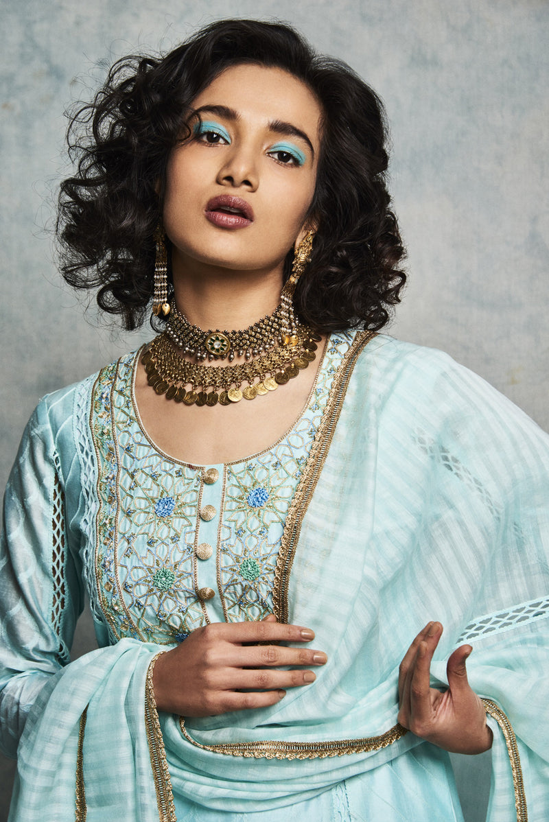 Turquoise Blue Embroidered Kurta Set