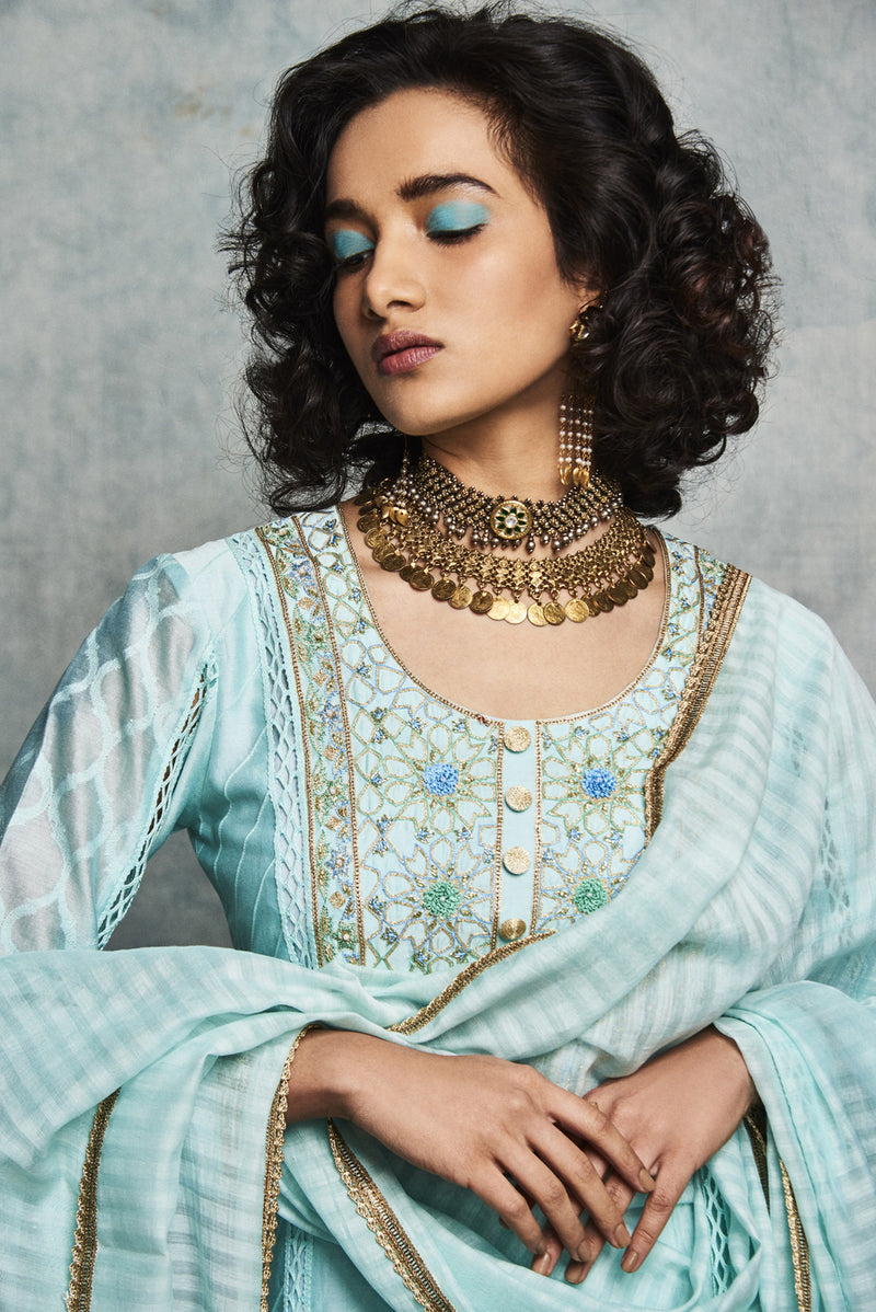 Turquoise Blue Embroidered Kurta Set