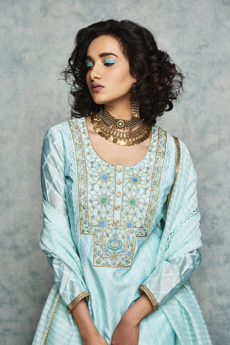 Turquoise Blue Embroidered Kurta Set