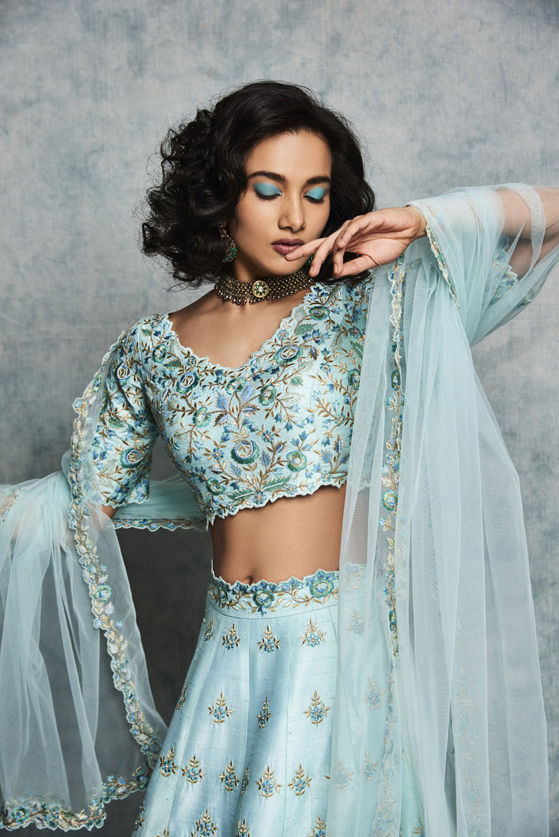 Turquoise Blue Embroidered Lehenga Set