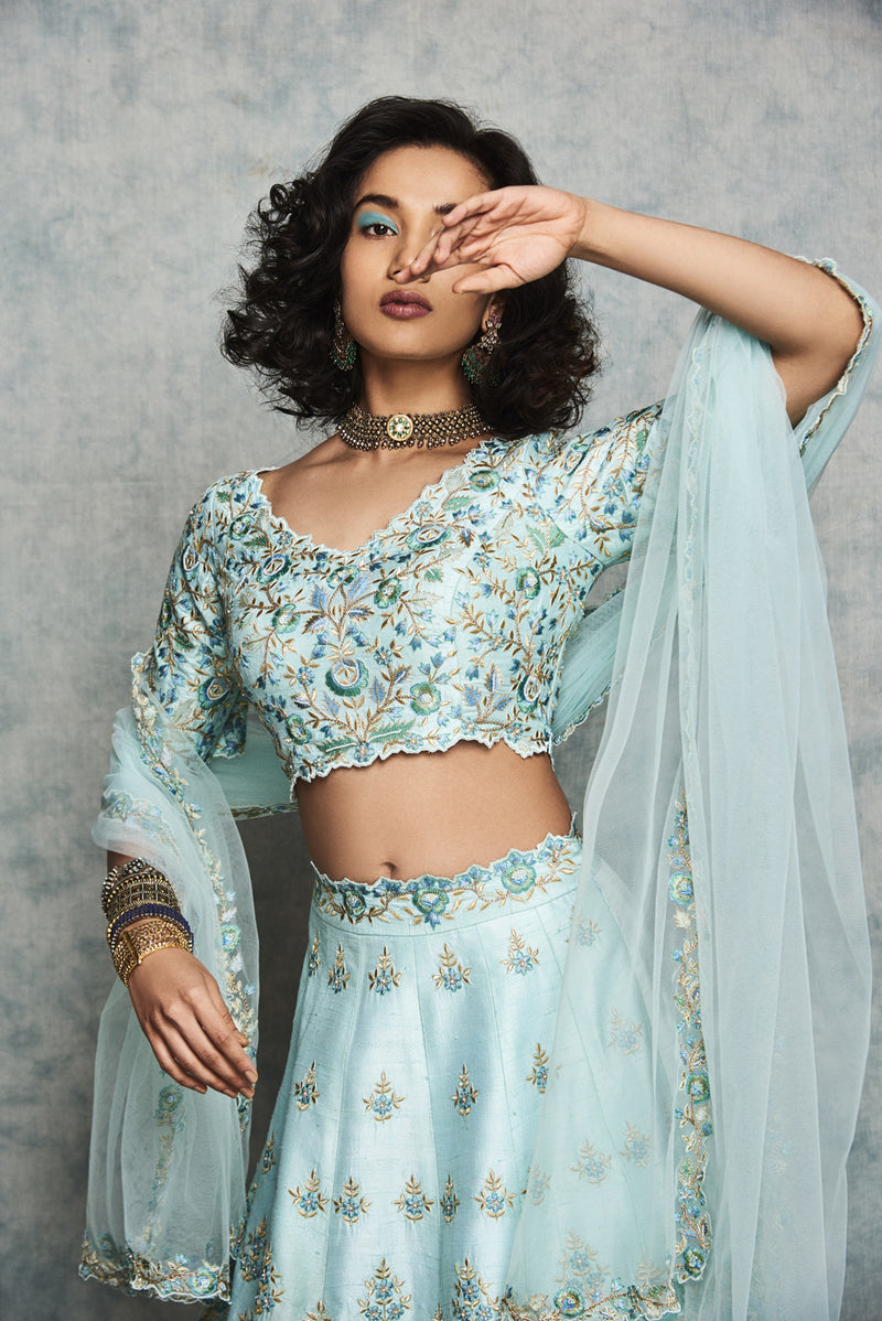 Turquoise Blue Embroidered Lehenga Set