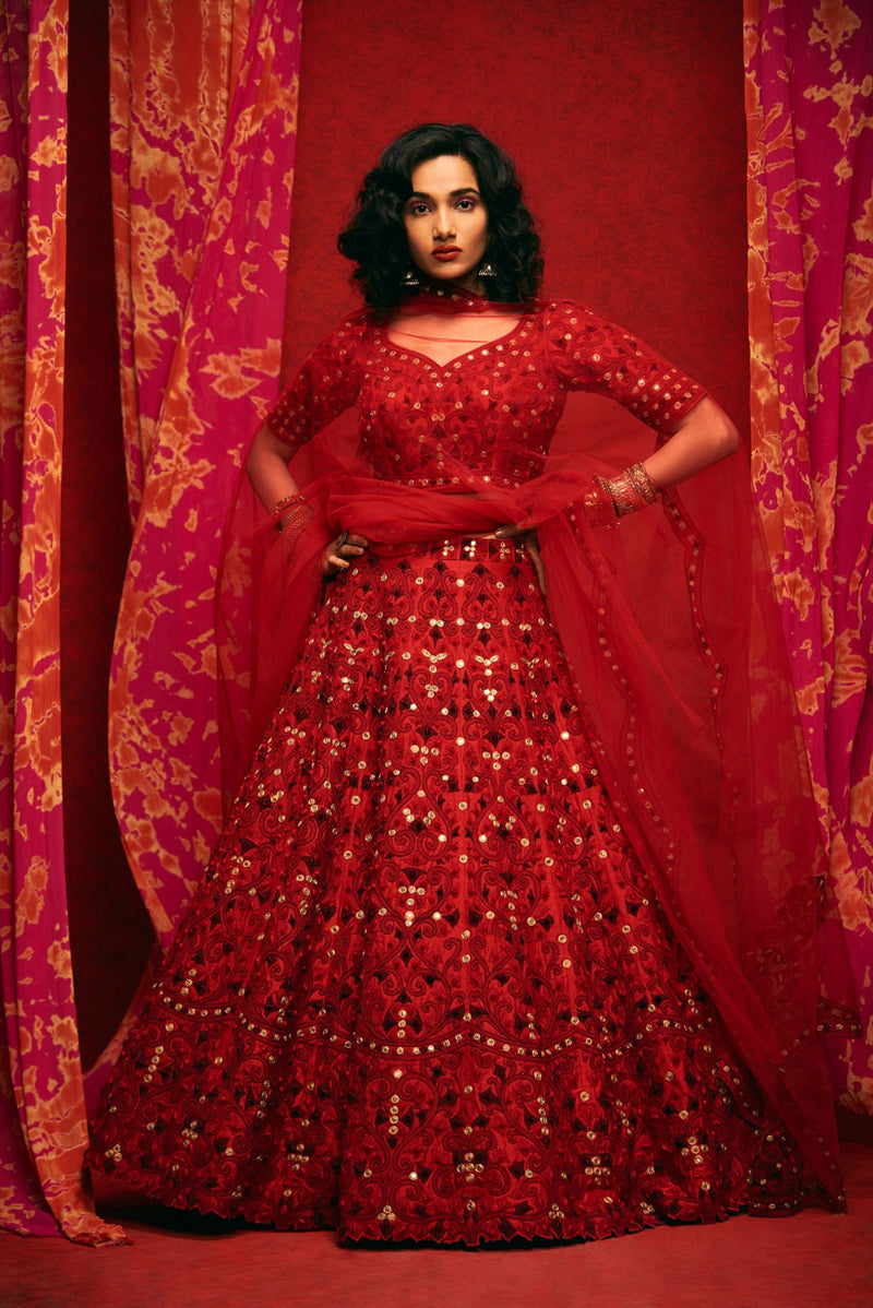 Red Embroidered Lehenga Set