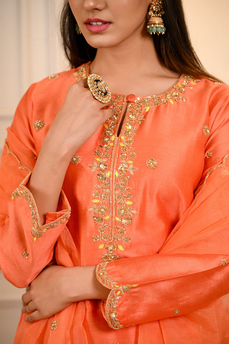 Orange Hand Embroidered A-Line Kurta with Pant & Dupatta Set