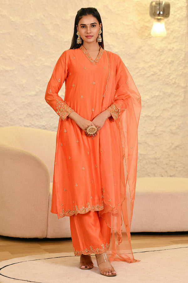 Orange Straight Kurta with Pant & Dupatta Set