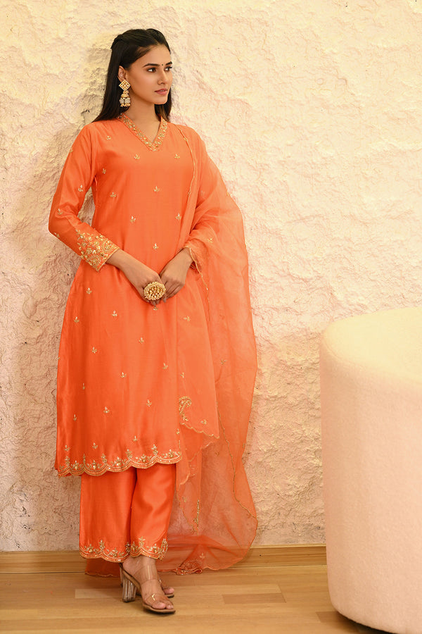 Orange Straight Kurta with Pant & Dupatta Set