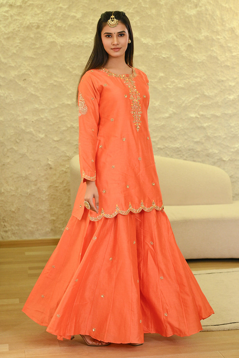 Orange Sharara Hand Embroidered Short Kurta with Dupatta Set