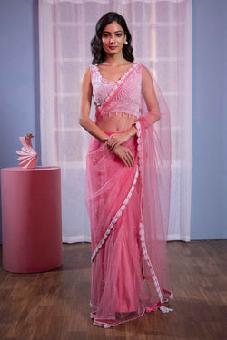 Pink stitched saree pearl