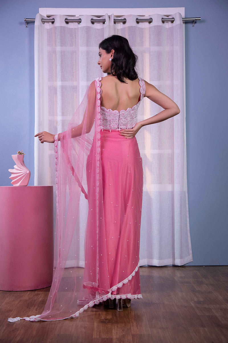 Pink stitched saree pearl