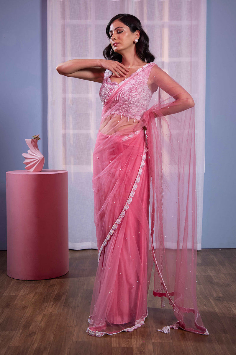 Pink stitched saree pearl