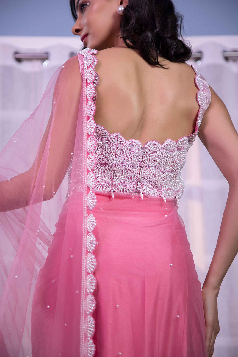 Pink stitched saree pearl