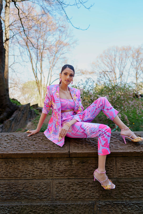 Living Coral- Lilac And Hot Pink Sequin Printed Pant Suit Set