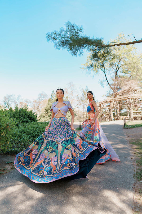 Lyons- Tropical Blue Printed And Embellished Full Lehenga