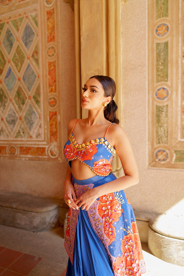 Flambe- Blue Dhoti Jumpsuit With Orange Printed Flowers