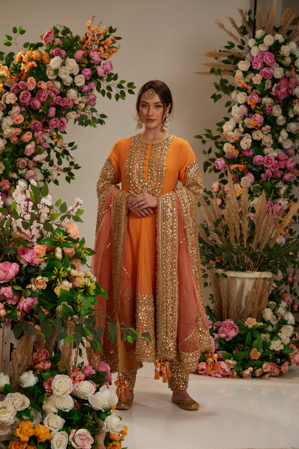 Peach  Orange Long Anarkali With Matching Salwar With Organza Dupatta