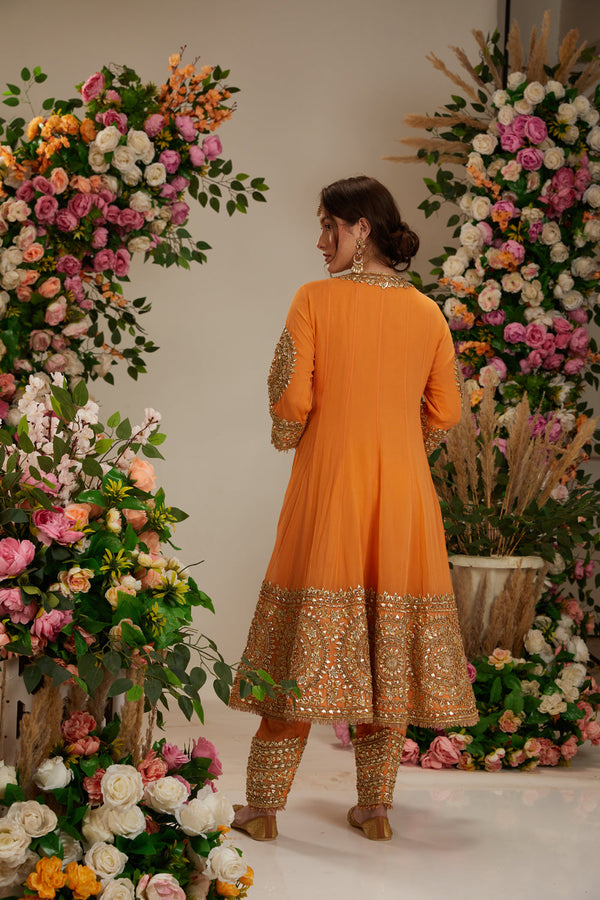 Peach  Orange Long Anarkali With Matching Salwar With Organza Dupatta