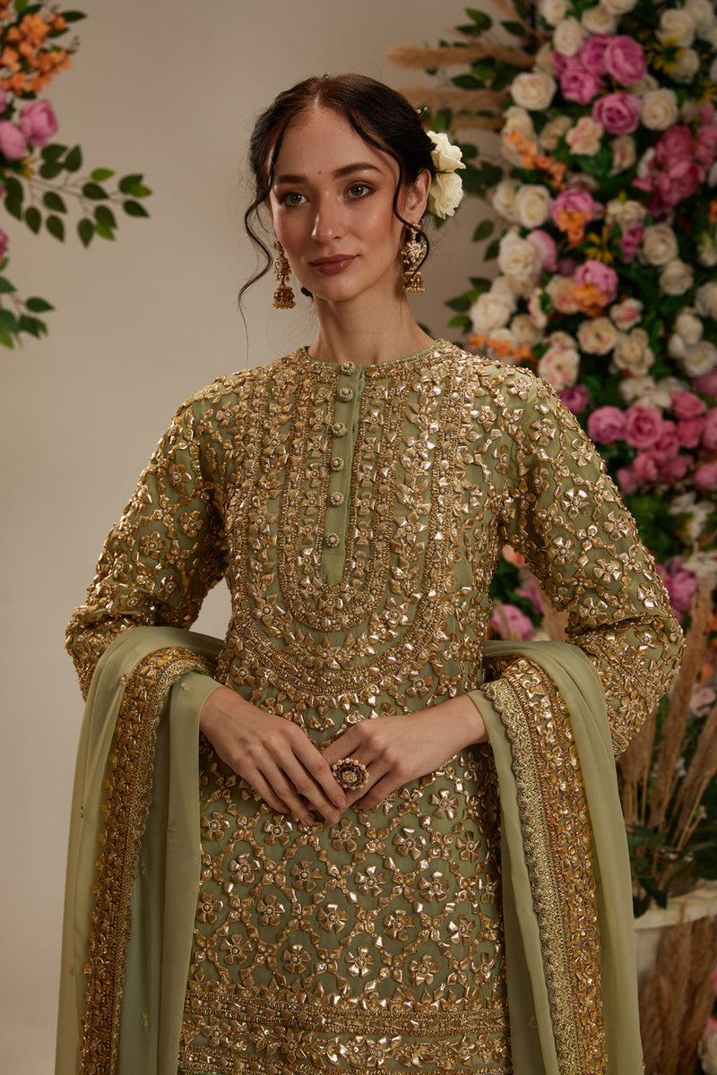 Aqua Green Kurta With Garara And Dupatta