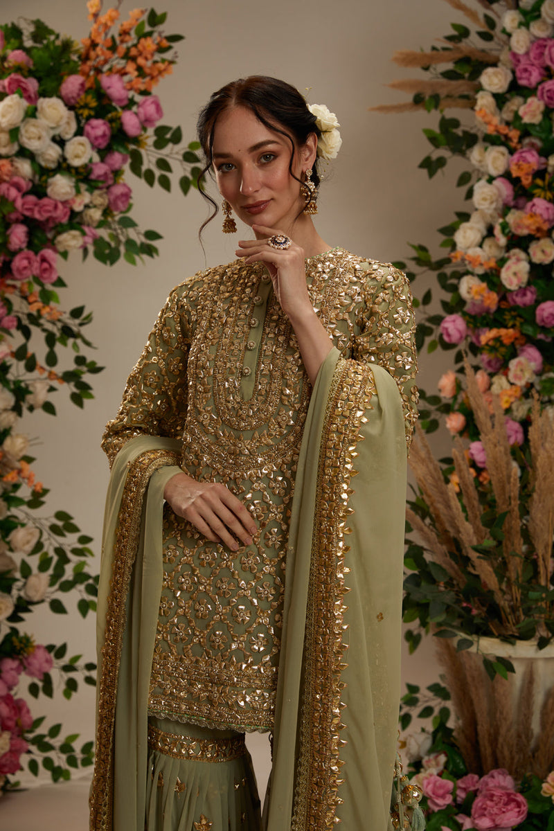 Aqua Green Kurta With Garara And Dupatta