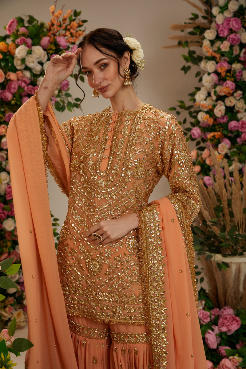 Soft Peach Short Kurta With Garara And Organza Dupatta