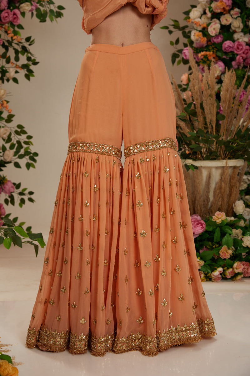Soft Peach Short Kurta With Garara And Organza Dupatta