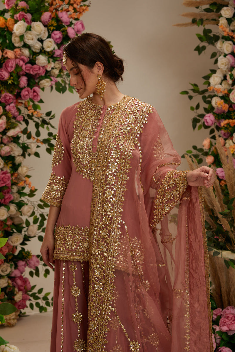 Mauve Kurta With Sharara And Organza Dupatta