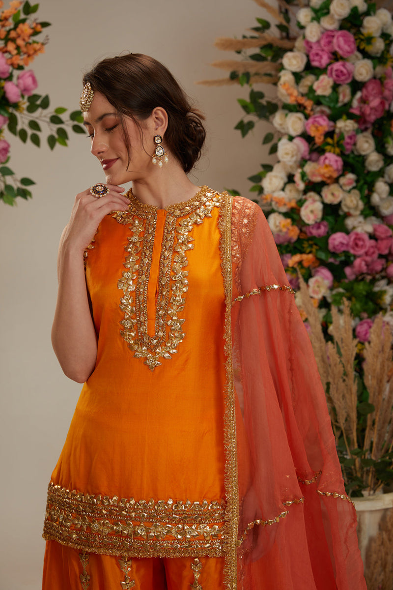 Orange Short Kurti With Sharara And Dupatta