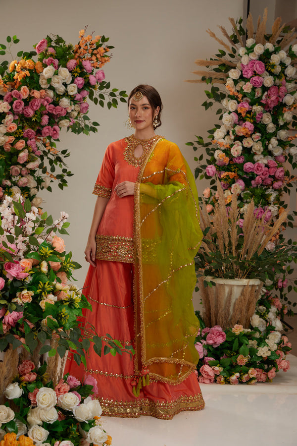 Orange Peach Kurta With Sharara And  Dupatta