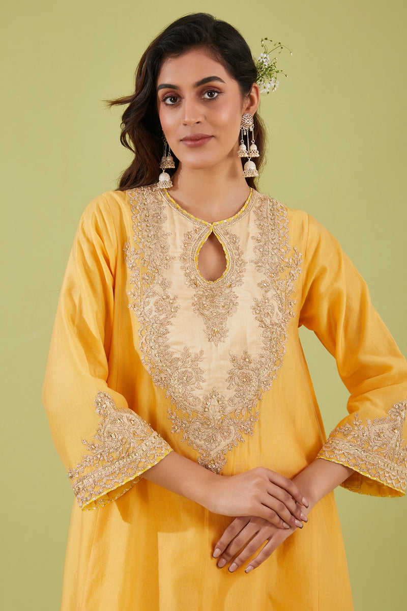 Yellow Short Kalidar Kurta With Salwar And Peach Dupatta