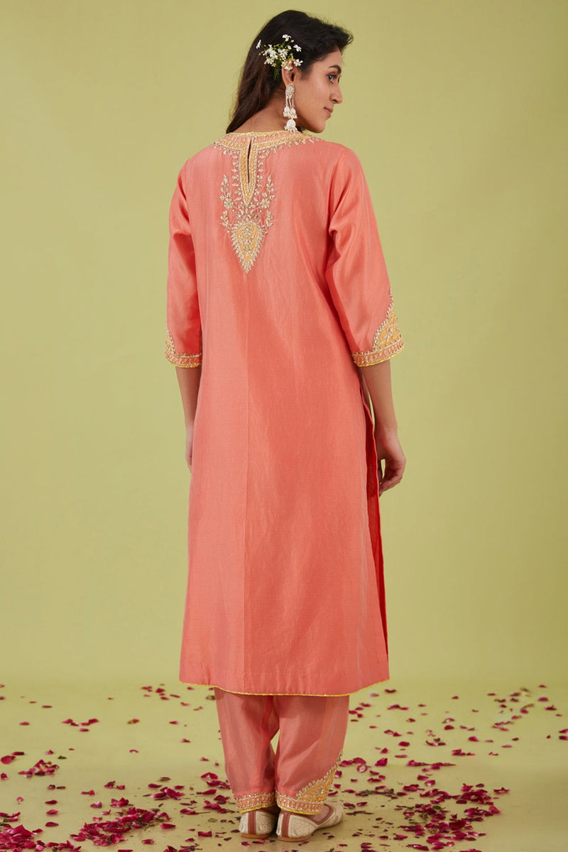 Rust Pink Long Kurta With Salwar And Orange Dupatta