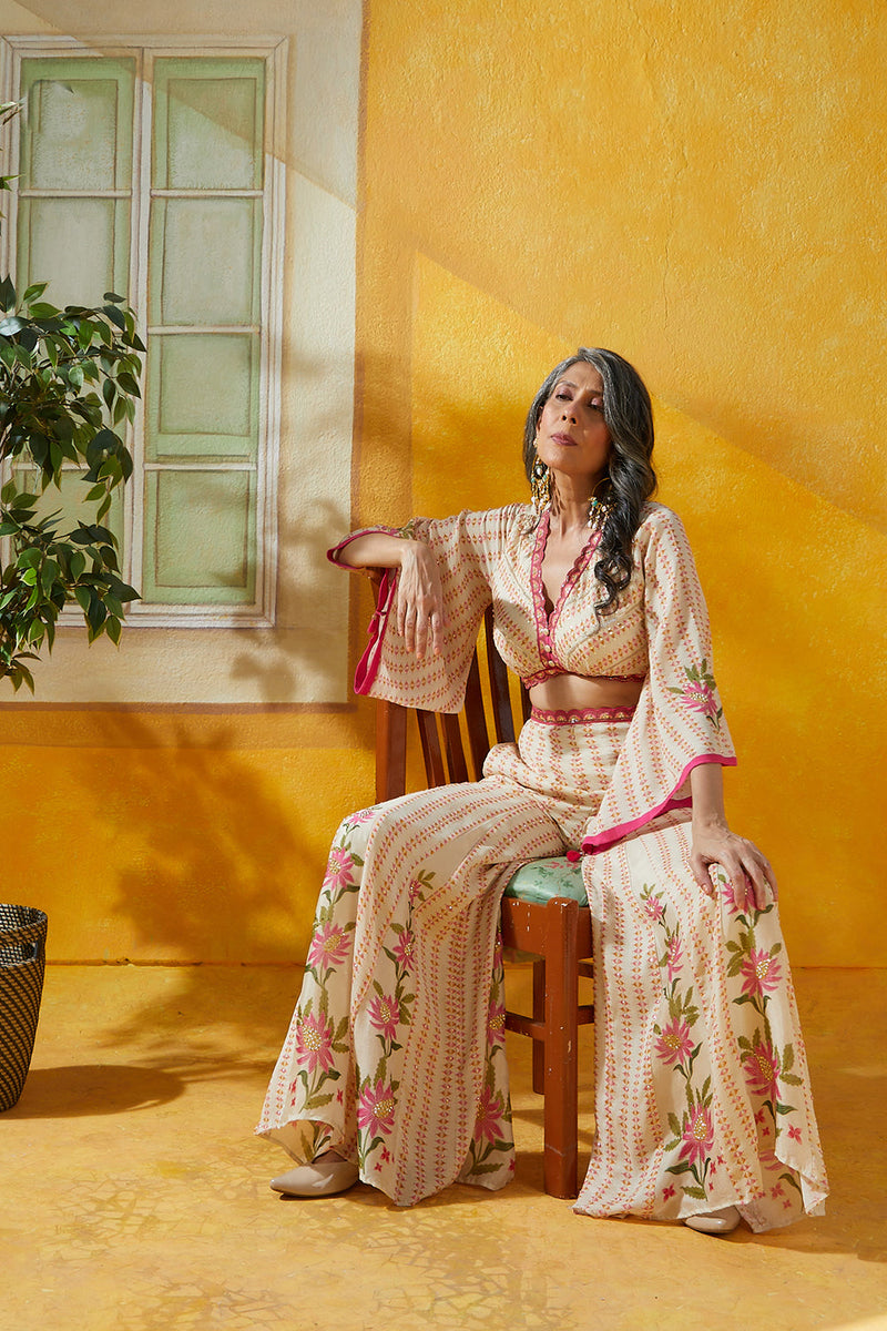 Chiffon Pant Set With Scallop Detailing And Flared Sleeves