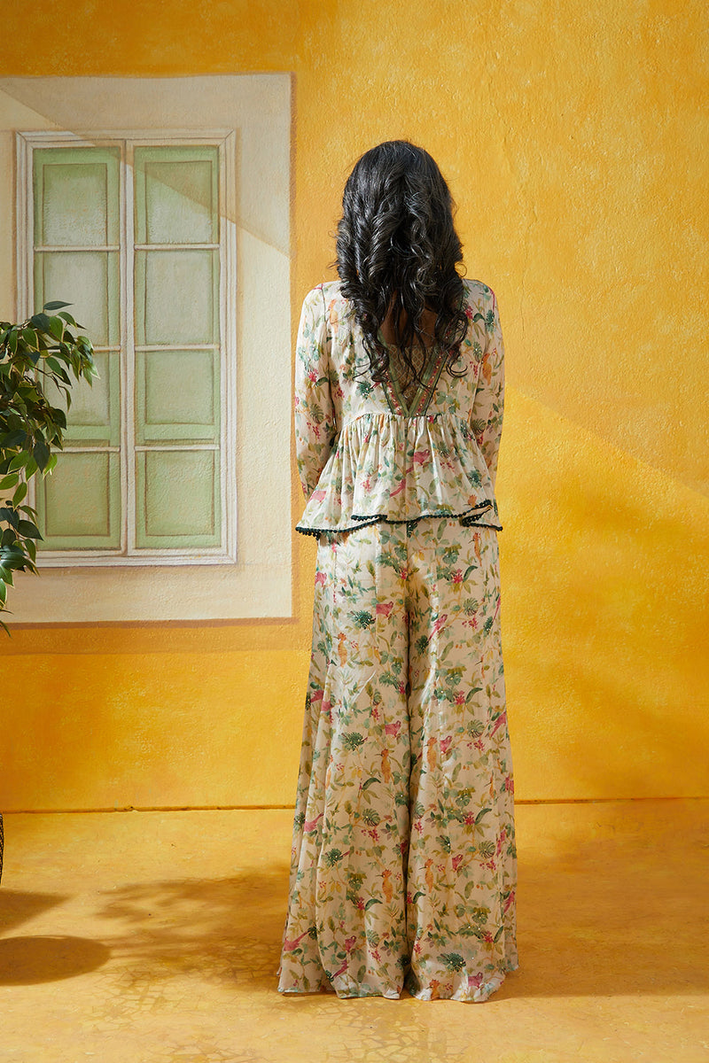 Chiffon Floral Printed Pantset Along With Tube And  Flared Sleeeve Jacket