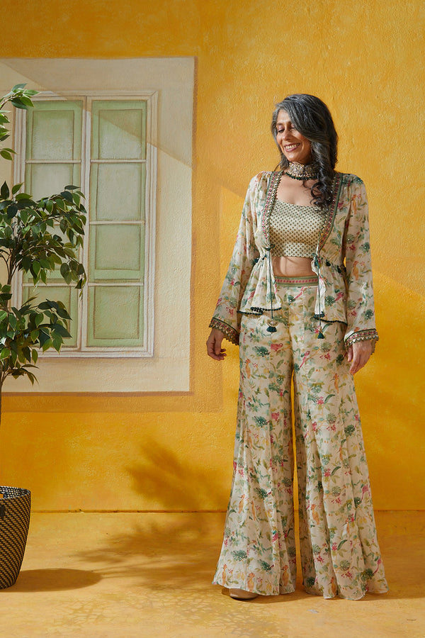 Chiffon Floral Printed Pantset Along With Tube And  Flared Sleeeve Jacket