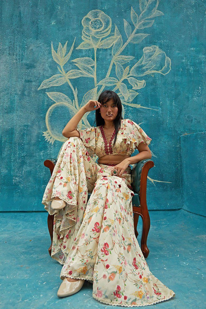 Beige printed pant set with embroidery V-neckline, ruffle sleeves and easy flowing pant