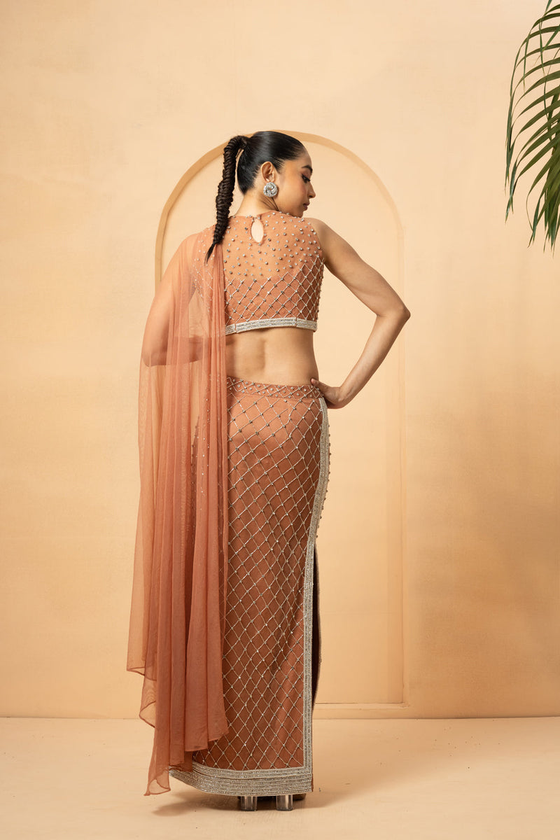 Beige Embroidered Fishtil Lehenga With Drape Dupatta