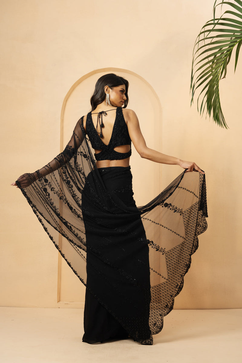 Black Embroidered Pre-Stitched Drape Saree