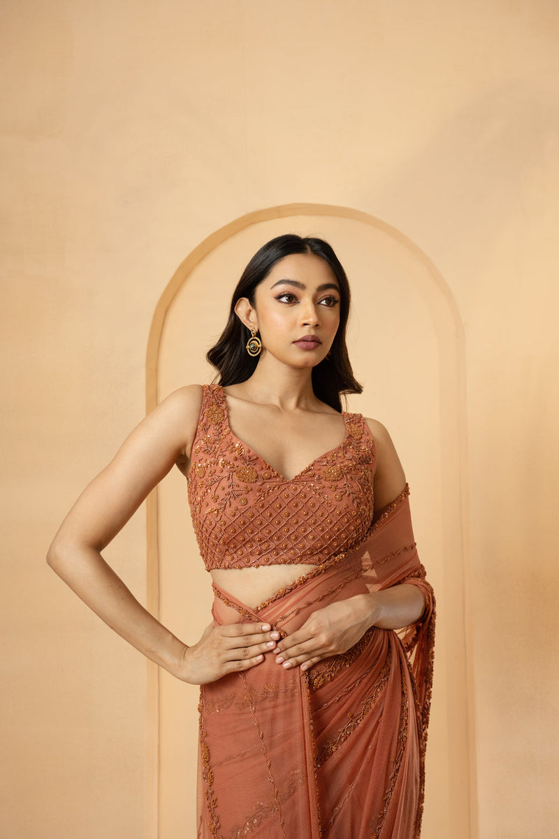 Dust Pink Embroidered Pre-Stitched Drape Saree