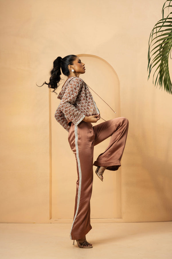Mettalic Rose Gold Embroidered Co-Ord Set With Hoodie