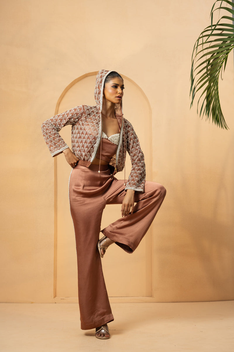 Mettalic Rose Gold Embroidered Co-Ord Set With Hoodie